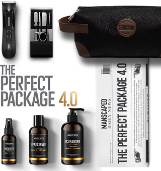 MANSCAPED® Perfect Package 4.0 Kit Contains: the Lawn Mower™ 4.0 Electric Trimmer, Ball Deodorant, Body Wash, Performance Spray-On-Body Toner, Four Piece Luxury Nail Kit, Toiletry Bag, 3 Shaving Mats