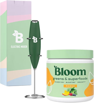 Bloom Nutrition Super Greens Powder Smoothie and Juice Mix, Probiotics for Digestive Health & Bloating Relief for Women, Mango + Milk Frother High Powered Hand Mixer