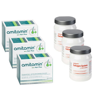 amitamin Hair Care Bundle - 3 Packs Hair Plus + 3 Packs Collagen System (Bundle of 90 Days)