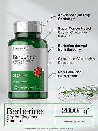 Horbaach Berberine plus Ceylon Cinnamon | 2000Mg | 120 Veggie Capsules | Vegetarian, Non-Gmo & Gluten Free Supplement | Berberine Complex