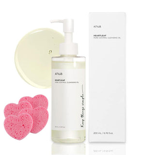 Bylum Heartleaf Pore Control Cleansing Oil Korean Facial Cleanser by Anua 1 Pack (200Ml) with 4 PCS Face Cleansing Sponge