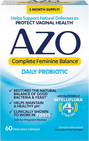 AZO Complete Feminine Balance Daily Probiotics for Women, Clinically Proven to Help Protect Vaginal Health, Balance Ph and Yeast, Non-Gmo, 30 Count