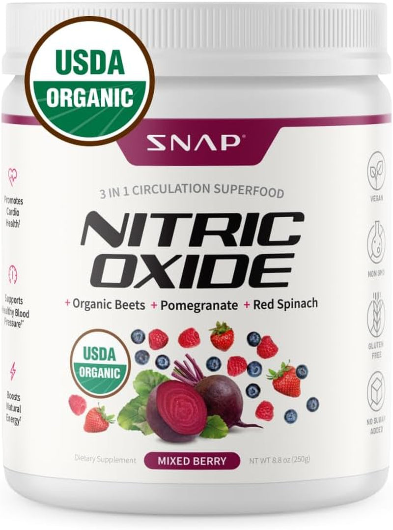 Snap Supplements USDA Organic Beet Root Powder, 3-In-1 Nitric Oxide Supplement, Support Healthy Blood Pressure Supplements, 250G (Mixed Berry)