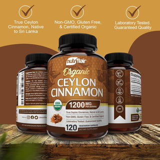 Nutriflair Organic Ceylon Cinnamon (100% Certified ) 1200Mg per Serving, 120 Capsules - Joints, Inflammatory, Antioxidant, Glucose Metabolism Support- 120 Count (Pack of 1)