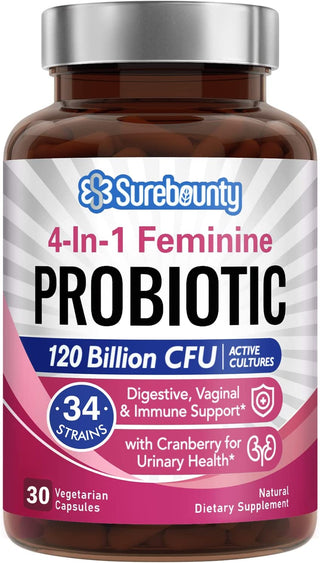 Probiotics for Women, 120 Billion CFU 34 Strains, Prebiotics + Digestive Enzymes + Cranberry, 4-In-1 Feminine Probiotic, Digestive & Vaginal Support, 30Ct