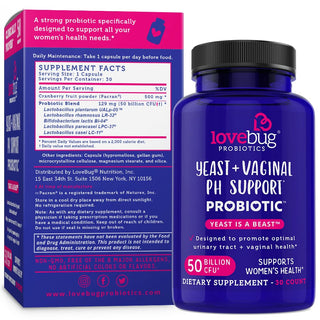 Lovebug Yeast + Vaginal Ph Support | Clinically Studied Ingredients for Yeast & Utis | Multi Strain 50 Billion CFU | 30 Capsules