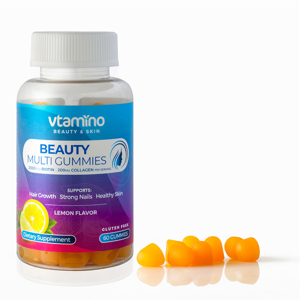 vtamino Beauty Multi-Gummies-Premium Hair, Skin & Nails Multivitamin with 2500mcg Biotin & 200mg Collagen-60 Gummies (30 Days Supply)