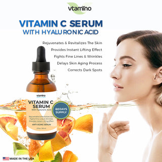 vtamino Vitamin C Serum & Hyaluronsäure (60 ml) - Die ultimative Lösung für Anti-Aging (60 Tage Vorrat)