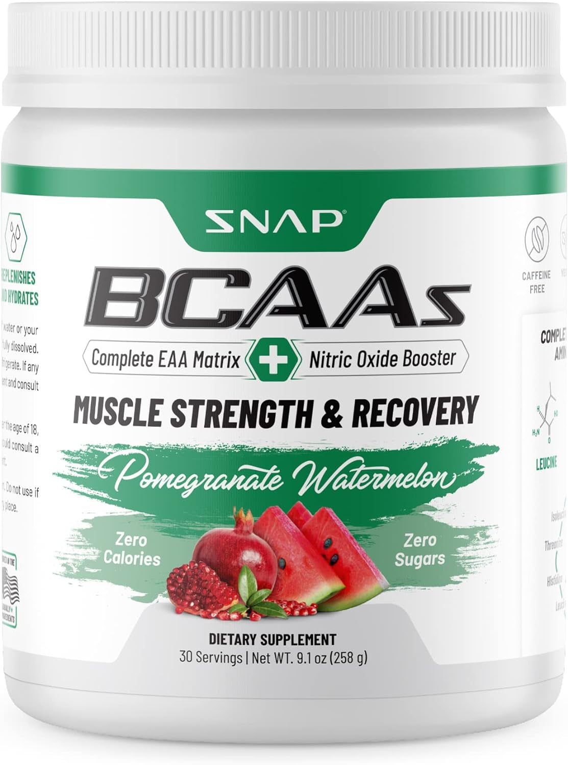 Snap BCAA Powder Essential Amino Energy Supplement with Nitric Oxide Booster - Watermelon Flavor - Pre Workout Powder, Recovery Supplements Post Workout, Muscle Strength & Performance (30 Servings)