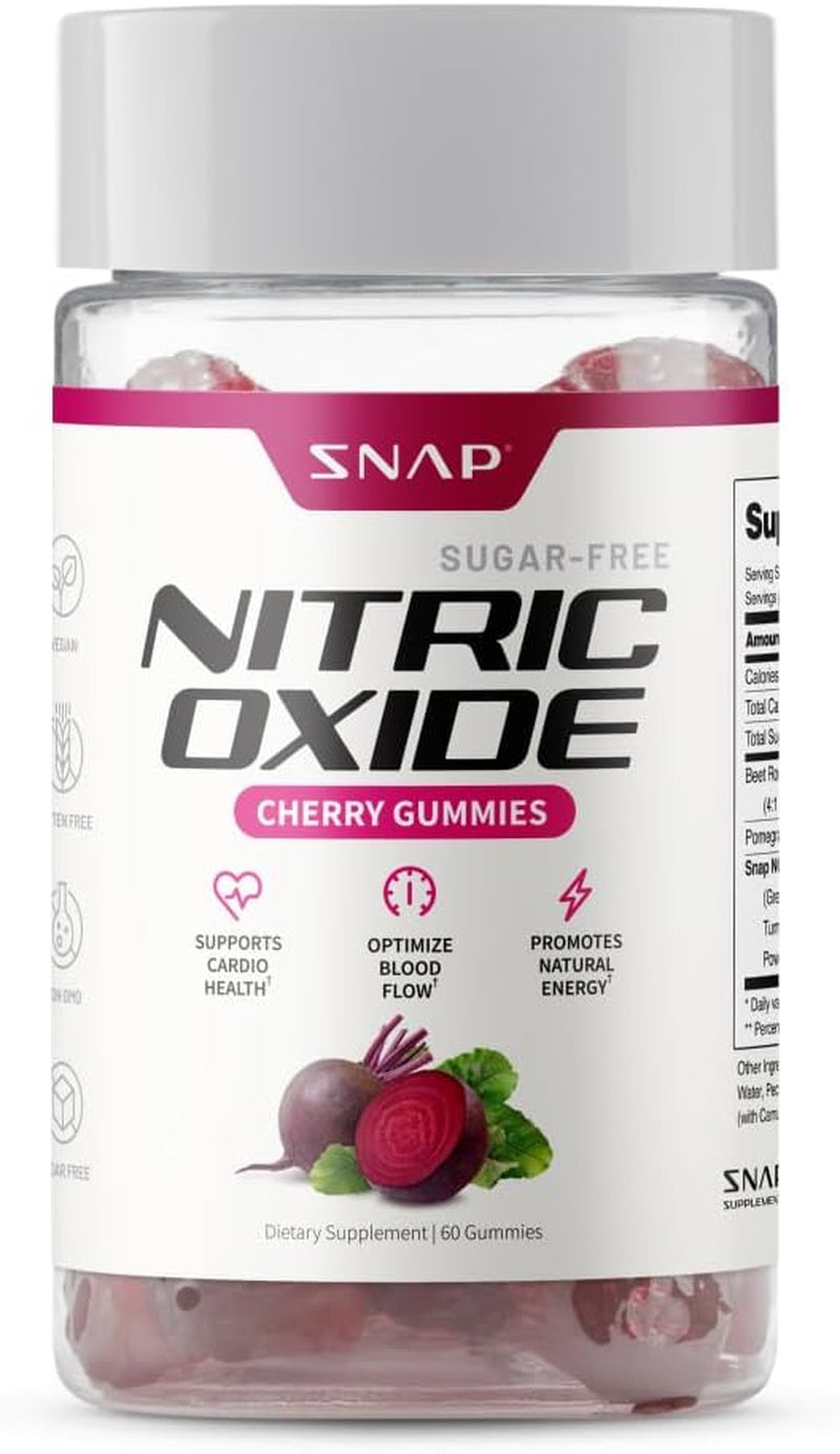 Snap Supplements Sugar Free Nitric Oxide Beet Root Gummies - Heart Health, Energy Boost, Circulation, Beet Root Chewables, Beetroot Nitric Oxide Booster, 60 Gummies