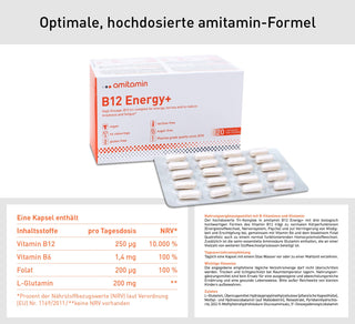 amitamin® B12 Energy+- Hochdosiertes Vitamin B12 mit L-Glutamin, B6 & Folsäure Quatrefolic® (120 Tage Vorrat)