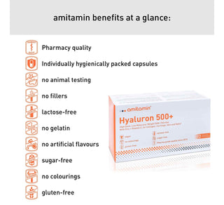 amitamin Hyaluron 500+ - High Dosage Vegan Hyaluronic Acid & vitamin C (90 Days Supply)