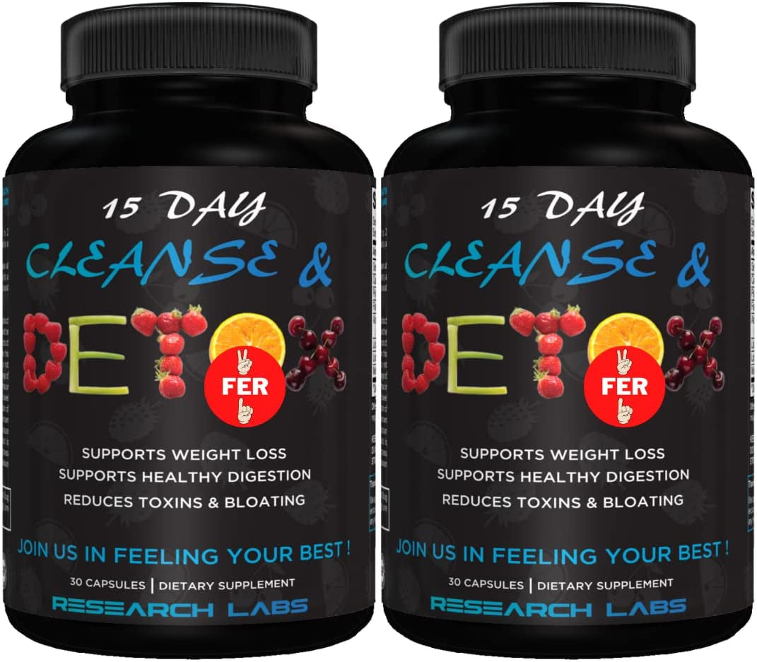 Research Labs 15 Day Colon Cleanse & Detox for Less Bloat Flat Tummy W/Probiotics - 2 Fer 1 - Constipation Relief - Flushes Toxins, Boosts Energy. Clinically Researched Safe and Effective Formula