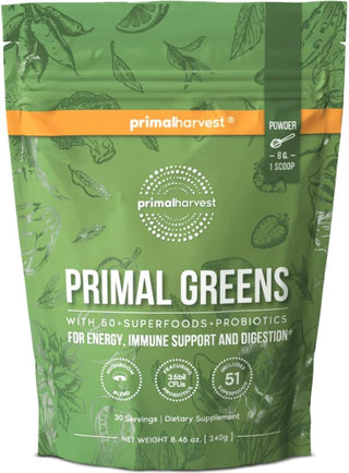 Primal Harvest Super Greens Powder, 30 Servings W/+50 Greens Superfood Chlorella, Probiotics, Green Tea, Wheatgrass, Kale, Turmeric for Energy,Primal Greens