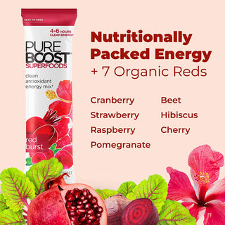 Pureboost Superfoods Clean Energy Drink Mix with B12, 7 Organic Red Superfoods and Vitamins. Naturally Flavored with Super Beets, Hibiscus, Pomegranate. No Sugar. (30 Count, Red Burst)