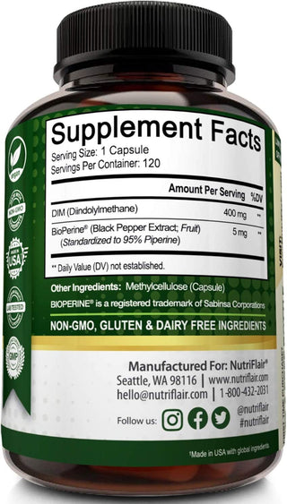 Nutriflair DIM Supplement 400Mg with Bioperine, 120 Capsules - Diindolylmethane - Estrogen Metabolism Support & Hormone Balance, Menopause, PCOS, Acne and Skin Care for Men & Women - Compare to 300Mg