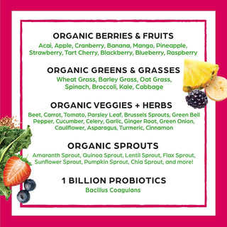 Orgain Organic Greens Powder + 50 Superfoods, Berry - 1 Billion Probiotics for Gut Health, Antioxidants, Vegan, Plant Based, Gluten Free, Non GMO, Dairy Free Juice & Smoothie Mix - 0.62Lb