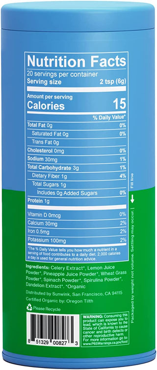 Sunwink Detox Powdered Greens - Organic Super Greens Powder Superfood for Debloat W/Celery, Dandelion, Spirulina - Daily Greens Powder for Gentle Detox - 4.2 Oz (20 Servings) for Immune Support