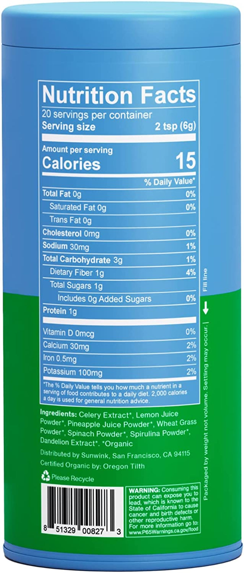 Sunwink Detox Powdered Greens - Organic Super Greens Powder Superfood for Debloat W/Celery, Dandelion, Spirulina - Daily Greens Powder for Gentle Detox - 4.2 Oz (20 Servings) for Immune Support