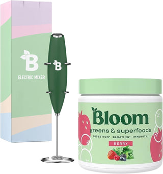Bloom Nutrition Super Greens Powder Smoothie and Juice Mix, Probiotics for Digestive Health & Bloating Relief for Women, Berry + Milk Frother High Powered Hand Mixer