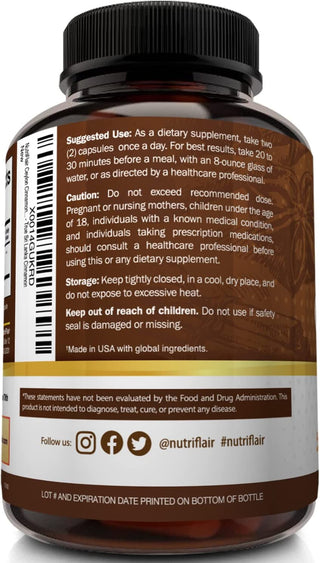 Nutriflair Organic Ceylon Cinnamon (100% Certified Organic Ceylon Cinnamon) 1200Mg per Serving, 120 Capsules - Joints, Inflammatory, Antioxidant, Glucose Metabolism Support- 120 Count (Pack of 1)