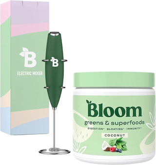 Bloom Nutrition Super Greens Powder Smoothie and Juice Mix, Probiotics for Digestive Health & Bloating Relief for Women, Coconut + Milk Frother High Powered Hand Mixer