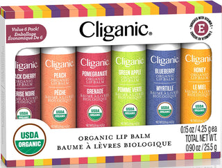 Cliganic USDA Organic Lip Balm Set - 6 Flavors - 100% Natural Moisturizer for Cracked & Dry Lips
