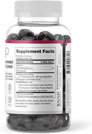 Snap Supplements Sugar Free Nitric Oxide Beet Root Gummies - Heart Health, Energy Boost, Circulation, Beet Root Chewables, Beetroot Nitric Oxide Booster, 60 Gummies