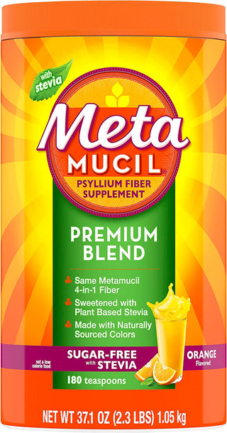 Metamucil Premium Blend, Daily Psyllium Fiber Powder Supplement, 4-In-1 Fiber for Digestive Health, Sugar-Free with Stevia, Plant Based Fiber, Orange Flavored, 180 Servings