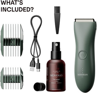 MERIDIAN - the Complete Package: Includes Men’S Waterproof Electric Below-The-Belt Trimmer and the Spray (50 Ml) | Features Ceramic Blades and Sensitive Shave Tech (Sage)