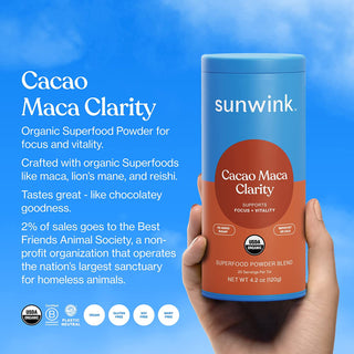 Sunwink Cacao Clarity - Superfood Mushroom Powder for Energy, Mental Clarity & Focus with Reishi, Lion’S Mane, & Organic Maca Root - Mushroom Coffee Alternative & Natural Brain Booster (20 Servings)