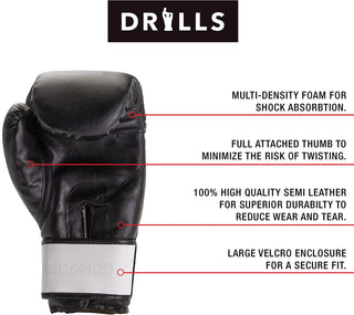 DRILLS Durable Boxing Training Gloves for Men, Women, & Kids Who Are Beginner and Advanced Boxers – Ideal for Kickboxing, MMA, Muay Thai, Sparring, Mitt Work, Punching and Heavy Bag Workouts…