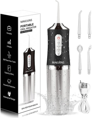 MAKJUNS - Water - Dental - Flosser - Cordless - Teeth Cleaner with 3 Modes 4 Jets Rechargeable IPX7 Waterproof Dental Oral Irrigator for Travel Home Braces(Ivory Black)