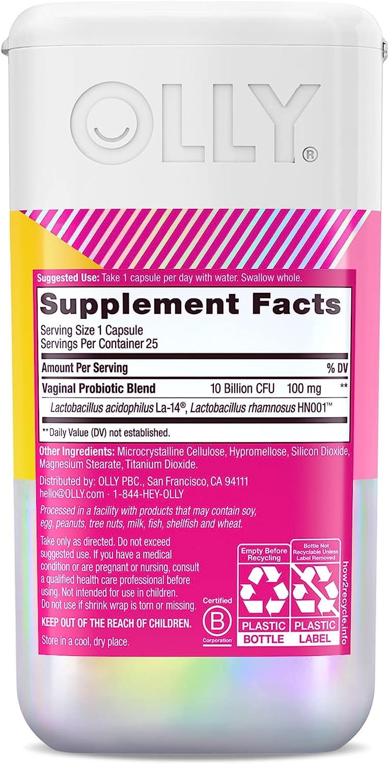 OLLY Happy Hoo-Ha Capsules, Probiotic for Women, Vaginal Health and Ph Balance, 10 Billion CFU, Gluten Free - 25 Count (Packaging May Vary)