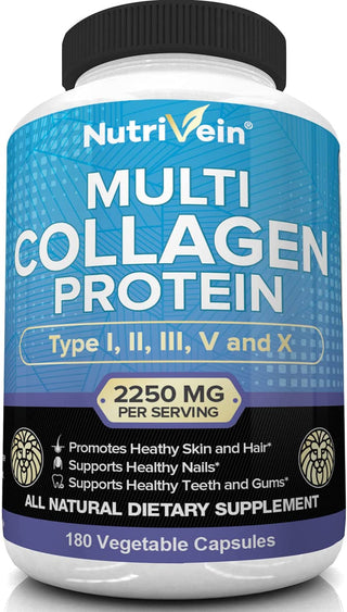 Nutrivein Multi Collagen Pills 2250Mg - 180 Collagen Capsules - Type I, II, III, V, X - Anti-Aging, Healthy Joints, Hair, Skin, Bones, Nails, Hydrolyzed Protein Collagen Peptides for Woman and Men