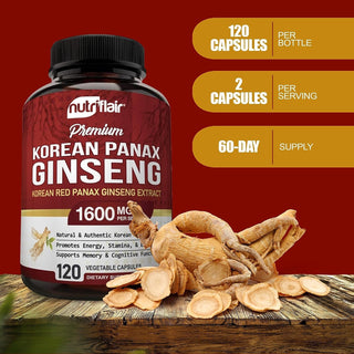 Nutriflair Korean Red Panax Ginseng 1600Mg, 120 Vegan Capsules - 5% Ginsenosides High Strength Ginseng Root Extract Focus Supplements - Supports Energy, Strength, Vigor, Performance in Women and Men