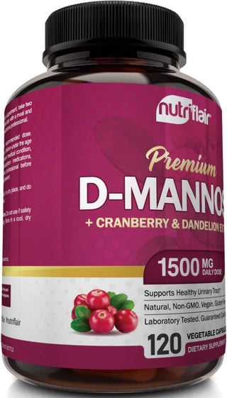 Nutriflair D-Mannose 1200Mg, 120 Capsules - with Cranberry and Dandelion Extract - Natural Urinary Tract Health UTI Support - Best D Mannose Powder - Flush Impurities, Detox Body, for Women and Men