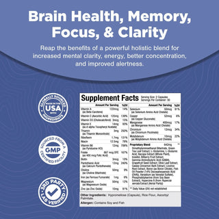 Nootropics Brain Support Supplement - Mental Focus Nootropic Memory Supplement for Brain Health with Energy and Vitamins DMAE Bacopa and Phosphatidylserine Capsule- Brain Focus and Performance Blend