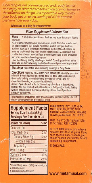 Metamucil Fiber Singles Smooth Texture Sugar Free Orange - 30 Packets
