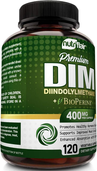 Nutriflair DIM Supplement 400Mg with Bioperine, 120 Capsules - Diindolylmethane - Estrogen Metabolism Support & Hormone Balance, Menopause, PCOS, Acne and Skin Care for Men & Women - Compare to 300Mg