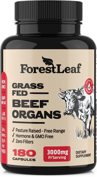 "Boost your wellness and performance with Forestleaf Grass Fed & Pasture Raised Beef Organ Supplement! This advanced organ complex contains 3000Mg of Desiccated Beef Liver, Heart, Kidney, Pancreas, and Spleen. Feel the difference with 180 capsules!"