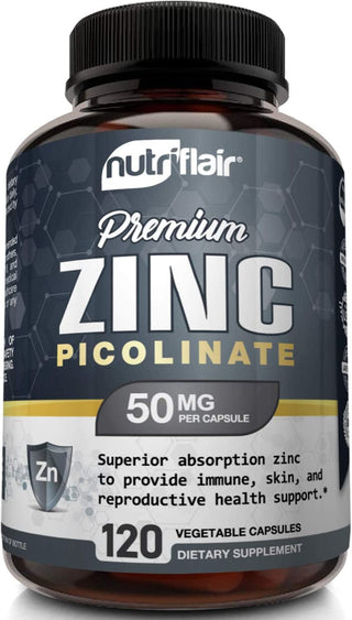Nutriflair Zinc Picolinate 50Mg, 120 Capsules - Maximum Absorption Zinc Supplement Pills - Immune System Booster, Immunity Defense, Powerful Non-Gmo Antioxidant - Compare to Gluconate, Citrate, Oxide