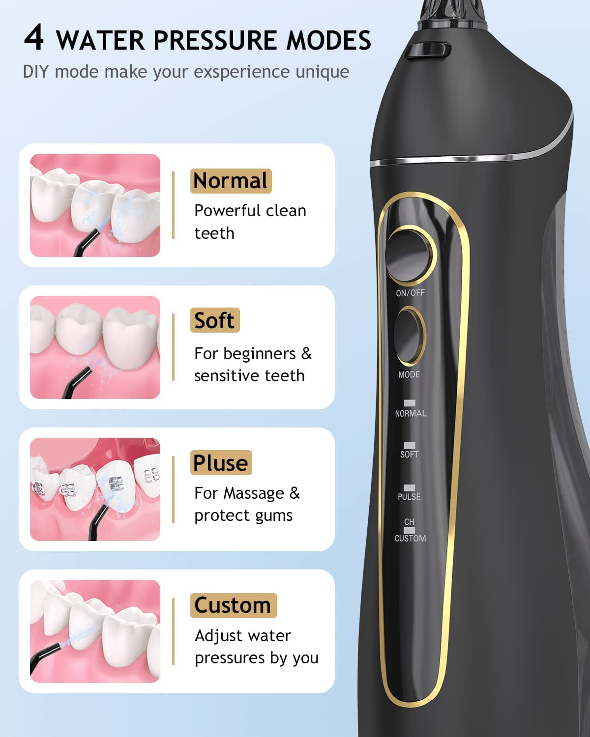 Water Dental Flosser for Teeth Cleaning - Oralfree Braces Care, Cordless Portable Rechargeable Oral Irrigator 4 Modes 5 Tips IPX7 Waterproof Powerful Battery Water Teeth Cleaner Pick for Home Travel