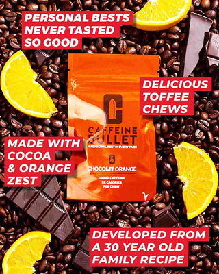 Caffeine Bullet 40 Chocolate Caffeine Chews. Each 85Mg Caffeine - Chocolate Orange Energy Gummies: Kick Faster than Energy Gels for a Cycling, Endurance Sports & Stay Awake Chocolate Boost