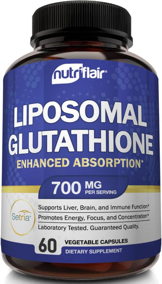 Nutriflair Liposomal Glutathione Supplement Setria® 700Mg - Pure Reduced, Stable, Active Form L Glutathione Reductase (GSH) - Non GMO Antioxidant Support, Detox, Cardiovascular, Brain, Immune Health