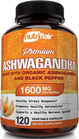Nutriflair Organic Ashwagandha Capsules with Black Pepper - 1600Mg, 120 Vegan Pills for Powerful Adaptogenic Benefits and Overall Health