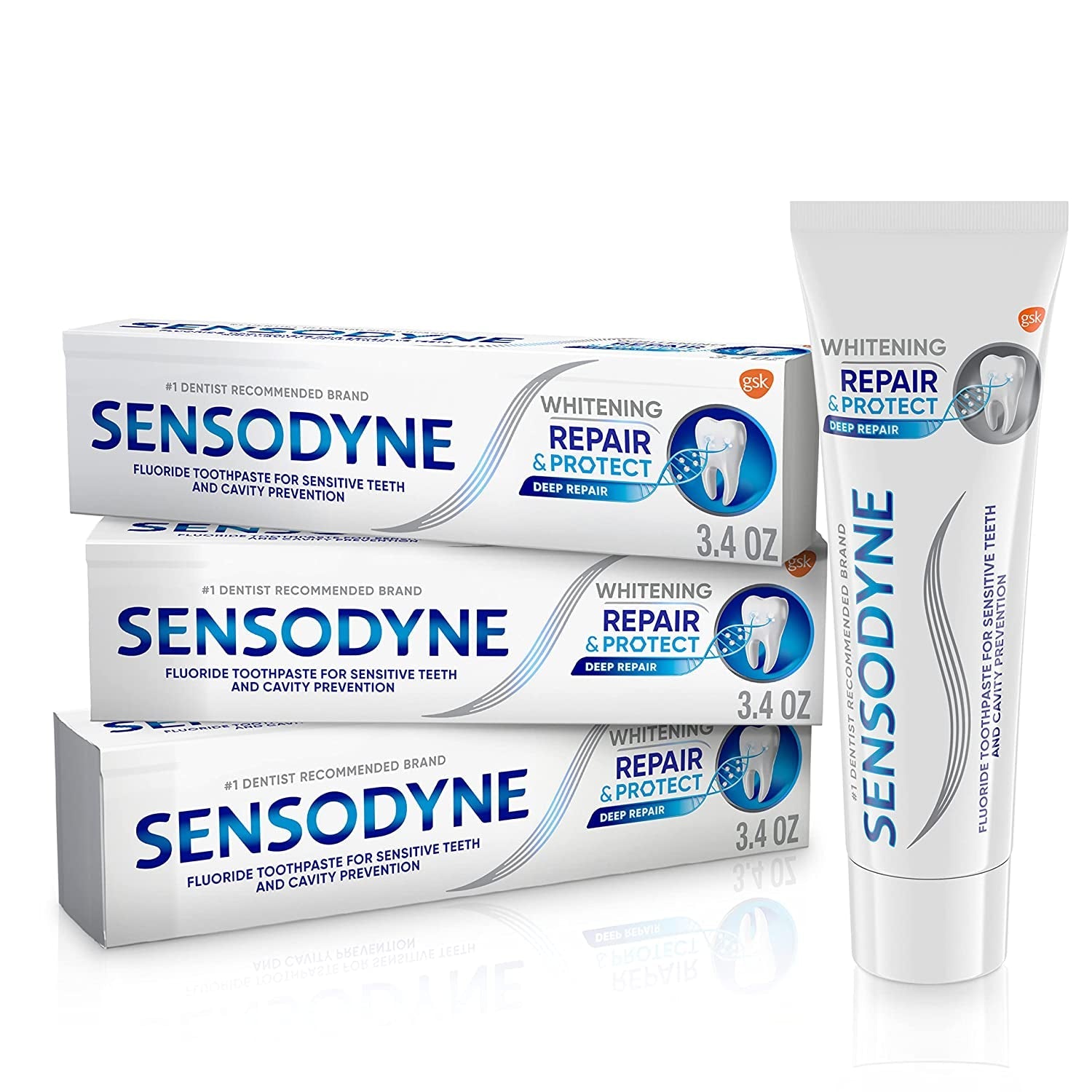 Sensodyne Repair and Protect Whitening Toothpaste, Toothpaste for Sensitive Teeth and Cavity Prevention, 3.4 Oz (Pack of 2)