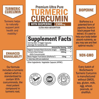 Turmeric Curcumin with Bioperine 1500Mg - Natural Joint Support with 95% Standardized Curcuminoids & Black Pepper Extract for Ultra High Absorption & Potency - Non GMO - Gluten Free - 180 Capsules