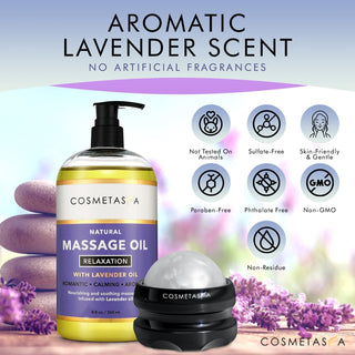Cellulite, Sore Muscle & Lavender Relaxation Massage Oils with Roller Massage Ball and Massager Mitt- Perfect Spa Gift Set