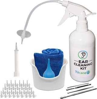 Ear Wax Removal Tool by Tilcare - Ear Irrigation Flushing System for Adults & Kids - Perfect Ear Cleaning Kit - Includes Basin, Syringe, Curette Kit, Towel and 30 Disposable Tips